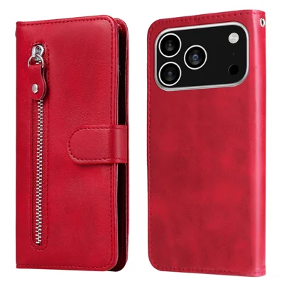 Voor iPhone 17 Pro PU Leren Hoesjes met Ritsvak Portemonnee Telefoonhoesje met Stand - Rood