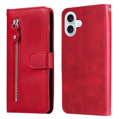 Voor iPhone 17 PU Leren Hoesjes met Ritsvak Portemonnee Telefoonhoesje Stand - Rood