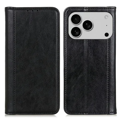 For iPhone 18 Pro Max / 17 Pro Max Stand Case Split Leather Litchi Texture Wallet Phone Cover - Black