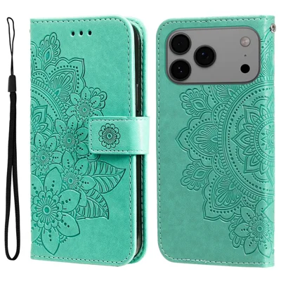 For iPhone 18 Pro Max / 17 Pro Max Case Floral Pattern PU Leather Wallet Stand Phone Cover - Green