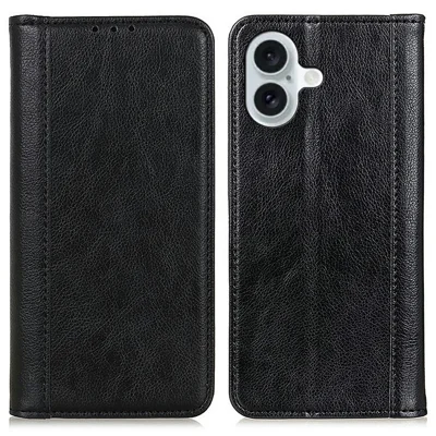 For iPhone 17 Stand Case Split Leather Litchi Texture Wallet Phone Cover - Black