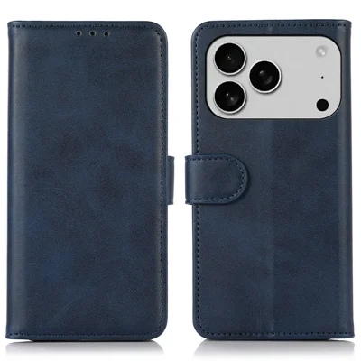 For iPhone 18 Pro Max / 17 Pro Max Case Cowhide Texture Leather Wallet Phone Cover with Stand - Blue
