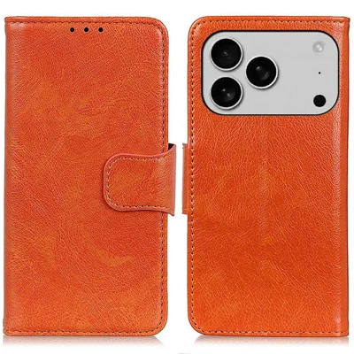 For iPhone 18 Pro Max / 17 Pro Max Case Nappa Texture Split Leather Wallet Phone Cover - Orange