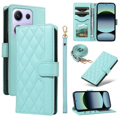 For Xiaomi Redmi Note 14S 4G / Xiaomi Poco M6 Pro 4G / Xiaomi Redmi Note 13 Pro 4G Wallet Case Rhombus Leather Phone Cover with Strap - Green