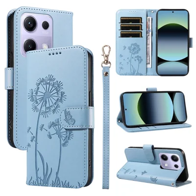 For Xiaomi Poco M6 Pro 4G / Xiaomi Redmi Note 14S 4G / Xiaomi Redmi Note 13 Pro 4G Leather Wallet Case with Strap Dandelion Imprint Phone Stand Cover - Sky Blue