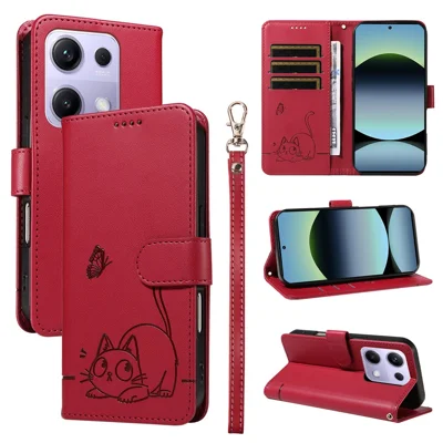 For Xiaomi Poco M6 Pro 4G / Xiaomi Redmi Note 14S 4G / Xiaomi Redmi Note 13 Pro 4G Case Cat Pattern Imprint Leather Phone Cover with Wrist Strap - Red