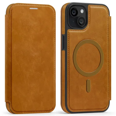 For iPhone 14 Plus Case Compatible with MagSafe RFID Blocking Card Holder Leather Phone Cover - Brown