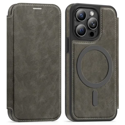 For iPhone 14 Pro hoes compatibel met MagSafe RFID-blokkering kaarthouder lederen telefoonhoes - Titanium grijs