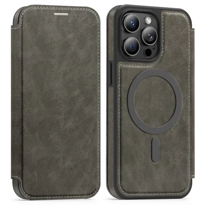 For iPhone 13 Pro Max Case Compatible with MagSafe RFID Blocking Card Holder Leather Phone Cover - Titanium Grey