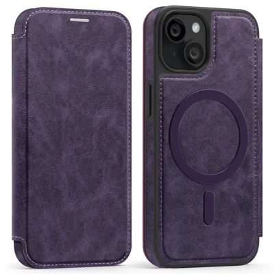 For iPhone 13 Case Compatible with MagSafe RFID Blocking Card Holder Leather Phone Cover - Dark Purple