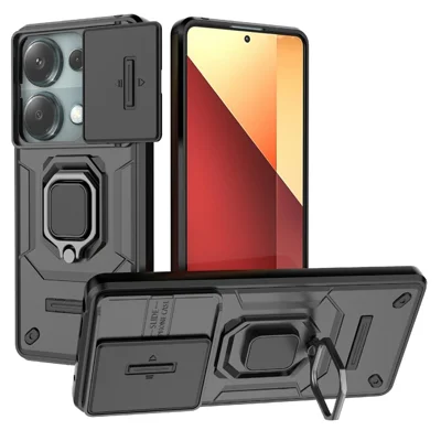 For Xiaomi Redmi Note 14S 4G Case PC + TPU Kickstand Phone Protector with Lens Cover - Black