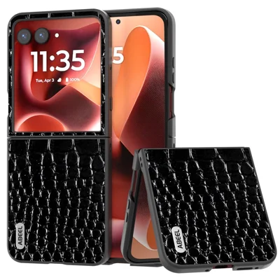 ABEEL For Motorola Razr 70 Ultra / 60 Ultra 5G / Razr Ultra 2026 5G / 2025 5G Case Crocodile Texture Genuine Cow Leather Phone Back Cover - Black