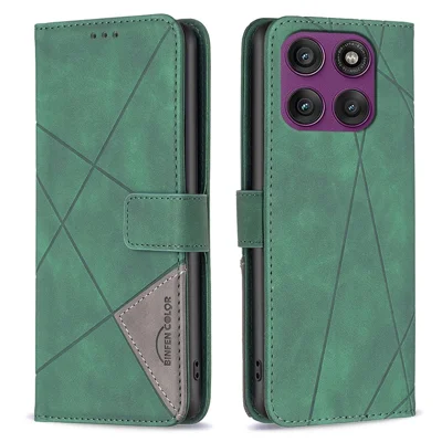 BINFEN COLOR For Motorola Edge 60 Pro 5G Phone Case Wallet Stand Geometry Imprinted Leather Cover - Green
