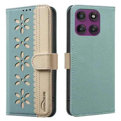 For Motorola Edge 60 Pro 5G Leather Case BINFEN COLOR BF36 Floral Pattern Phone Cover RFID Blocking Wallet Stand - Green