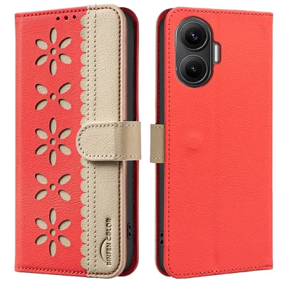 For Xiaomi Poco F7 5G  /  Redmi Turbo 4 Pro 5G Leather Case BINFEN COLOR BF36 Floral Pattern Phone Cover RFID Blocking Wallet Stand - Red