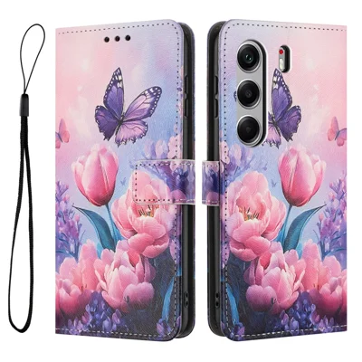 Wallet Case for TECNO Camon 40 Pro 4G Pattern Printing PU Leather Phone Cover with Lanyard - Pink Flower Butterfly