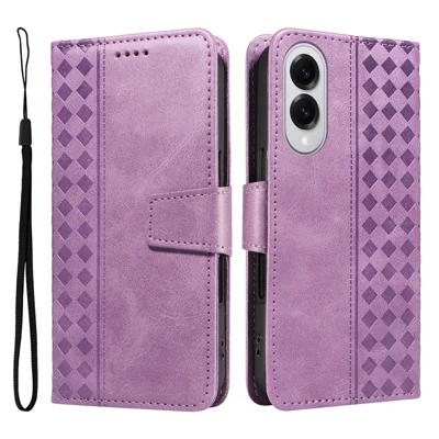 For Samsung Galaxy S25 Edge Leather Case Wallet Stand Grids Imprinted Phone Cover with Strap - Light Purple