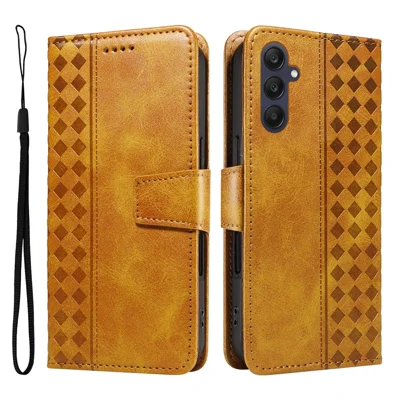 For Samsung Galaxy A25 5G (Global) (161.0 x 76.5 x 8.3mm) Leather Case Wallet Stand Grids Imprinted Phone Cover with Strap - Yellow