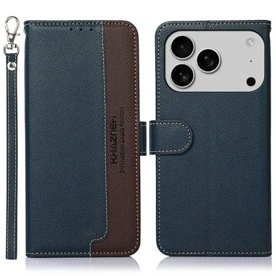 KHAZNEH For iPhone 18 Pro Max / 17 Pro Max Case RFID Blocking Wallet Litchi Texture PU Leather Phone Cover - Blue