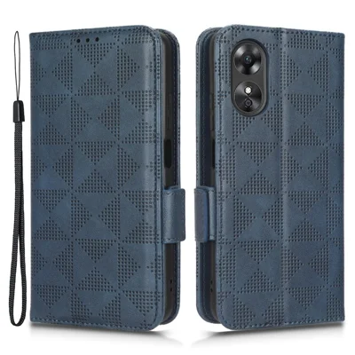For Oppo A17 4G Imprinted Triangle Pattern PU Leather Stand Case Shockproof Phone Wallet Cover with Hand Strap  - Blue