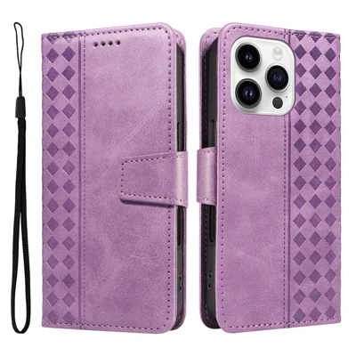 For iPhone 14 Pro Max Leather Case Wallet Stand Grids Imprinted Phone Cover with Strap - Light Purple