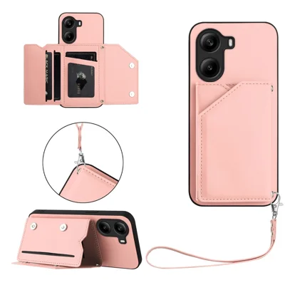 Xiaomi Poco X7 Pro 5G hoesje met kaarthouder, standaardfunctie, huid-aanraking telefoonhoesje met polsbandje - Roze