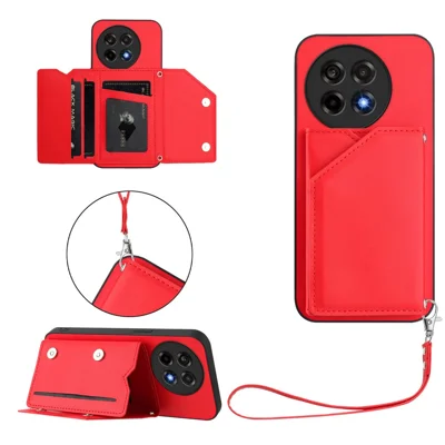 For OnePlus Ace 5 5G / OnePlus Ace 5 Pro 5G / OnePlus 13R 5G Case Card Holder Kickstand Skin-Touch Phone Cover with Wrist Strap - Red