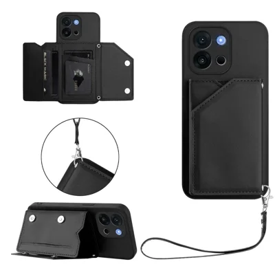 For OnePlus 13T 5G Case Card Holder Kickstand Skin-Touch Phone Cover with Wrist Strap - Black