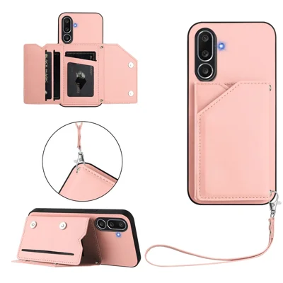 For Samsung Galaxy M56 5G Case Card Holder Kickstand Skin-Touch Phone Cover with Wrist Strap - Pink