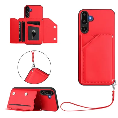 For Samsung Galaxy F16 5G / Galaxy M16 5G Case Card Holder Kickstand Skin-Touch Phone Cover with Wrist Strap - Red