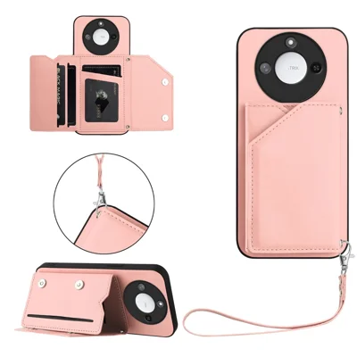 For Honor X60 5G / Honor X9c Smart 5G Case Card Holder Kickstand Skin-Touch Phone Cover with Wrist Strap - Pink