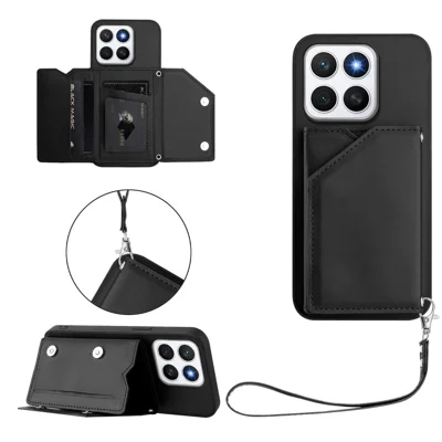 Voor Honor X8c 4G hoesje met kaarthouder en standaard, huid-achtig telefoongehaaft met polsbandje - Zwart