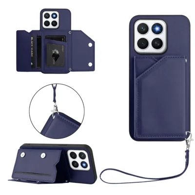 Voor Honor X8c 4G hoesje met kaarthouder en standaard, huid-achtig telefoonhoesje met polsbandje - Blauw