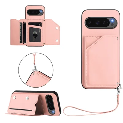 For Google Pixel 10 Pro / 10 Case Card Holder Kickstand Skin-Touch Phone Cover with Wrist Strap - Pink