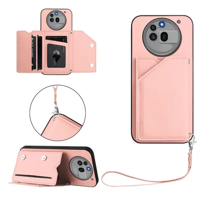 For Nothing Phone (3a) Pro Case Card Holder Kickstand Skin-Touch Phone Cover with Wrist Strap - Pink
