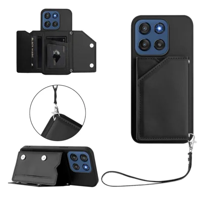 For Motorola Edge 60 Stylus 5G Case Card Holder Kickstand Skin-Touch Phone Cover with Wrist Strap - Black