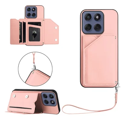 Voor Motorola Edge 60 5G / Motorola Edge 60s 5G / Motorola Edge 60 Fusion 5G hoesje met kaarthouder, standaardfunctie en huid-aanraking gevoel telefoonhoesje met polsbandje - Roze