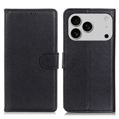 Portemonnee hoesje voor iPhone 17 Pro Max PU lederen telefoonhoesje met lycheestructuur - Zwart