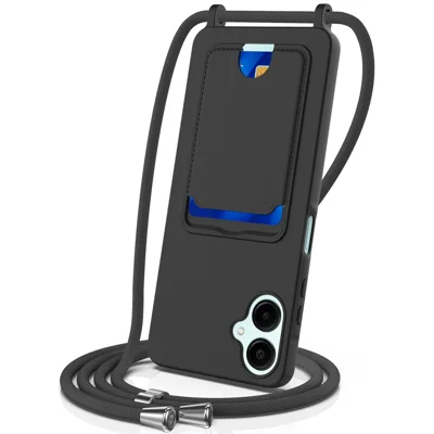 For Samsung Galaxy A06 5G Case Liquid Silicone Card Holder Back Phone Cover with Lanyard - Black