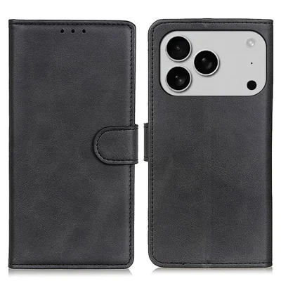 For iPhone 18 Pro Max / 17 Pro Max Case Cowhide Texture Leather Wallet Stand Phone Cover - Black