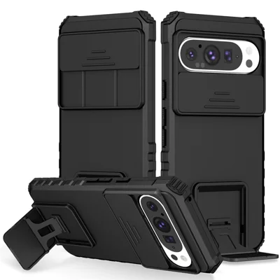 For Google Pixel 9 / 9 Pro Case Camera Slider PC + TPU Phone Cover with Kickstand - Black