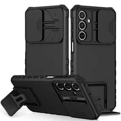For Samsung Galaxy A18 5G / A18 4G / A17 5G / A17 4G / A26 5G Case Camera Slider PC + TPU Phone Cover with Kickstand - Black