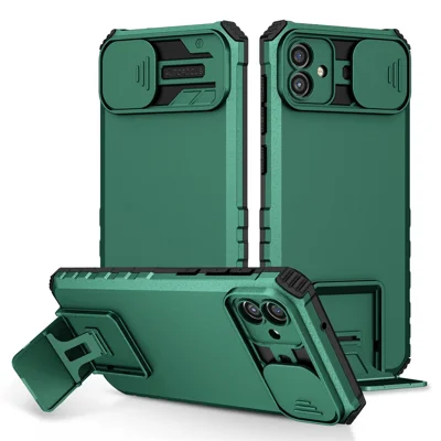 For Samsung Galaxy A07 4G / A06 4G / 5G Case Camera Slider PC + TPU Phone Cover with Kickstand - Blackish Green