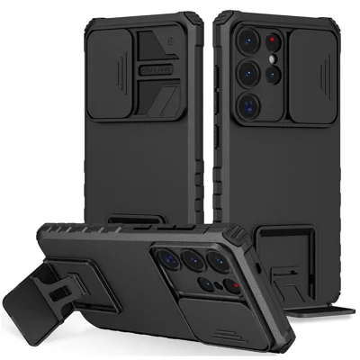 For Samsung Galaxy S25 Ultra Case Camera Slider PC + TPU Phone Cover with Kickstand - Black