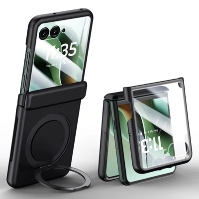 Magnetic Case for Motorola Razr 70 Ultra / 60 Ultra 5G / Razr Ultra 2026 5G / 2025 5G Kickstand Skin Touch PC Phone Cover Built-In Screen Protector - Black