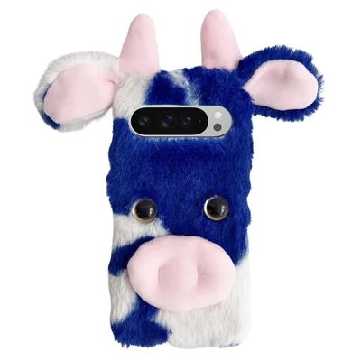 For Google Pixel 10 / 10 Pro Case Fluffy Cute Cow Winter Plush Inner TPU Phone Cover - Blue