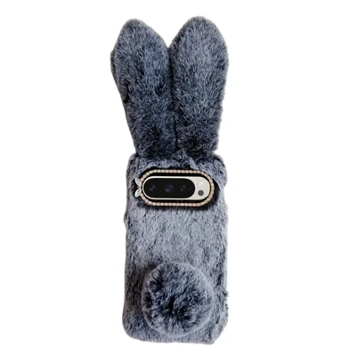 For Google Pixel 10 / Pixel 10 Pro Case Plush Cute Bunny Winter Fluffy TPU Phone Cover - Dark Grey