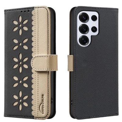 BINFEN COLOR For Samsung Galaxy S24 Ultra Leather Case  BF36 Floral Pattern Phone Cover RFID Blocking Wallet Stand - Black