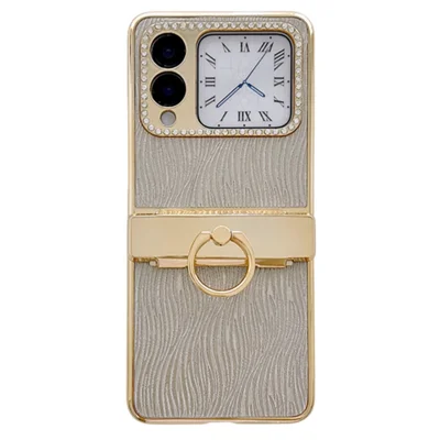 For Huawei nova Flip 5G Case with Ring Holder Ripple Texture Hard PC Electroplating Phone Cover - Gold