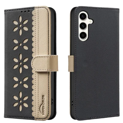 BINFEN COLOR For Samsung Galaxy A16 4G / Galaxy A16 5G Leather Case  BF36 Floral Pattern Phone Cover RFID Blocking Wallet Stand - Black